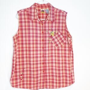 Looney Tunes Tweety Shirt Plaid Embroidered Sleeveless Button Up Size 14W 16W‎